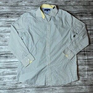 Tommy Hilfiger Mens Button Down Long Sleeve Shirt Yellow White Blue 17 32-33